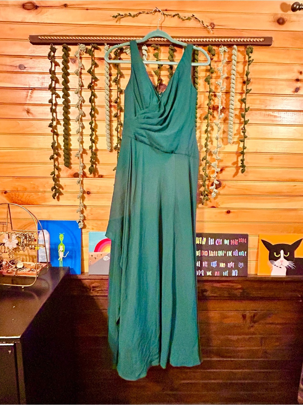 David's Bridal Emerald Green Draped V-Neck Maxi Gown